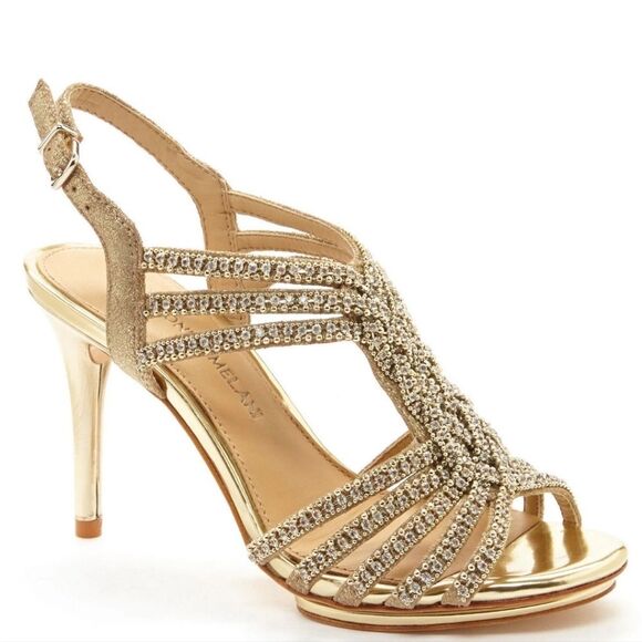 ANTONIO MELANI Women Marree Gold And Jewel Embellished Strappy Heels sz 8.5 - Picture 1 of 13